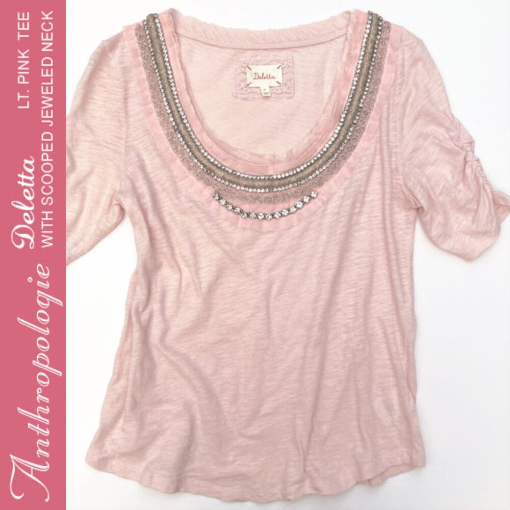 Anthropologie Jeweled Scooped Neck Light Pink Tee Size S